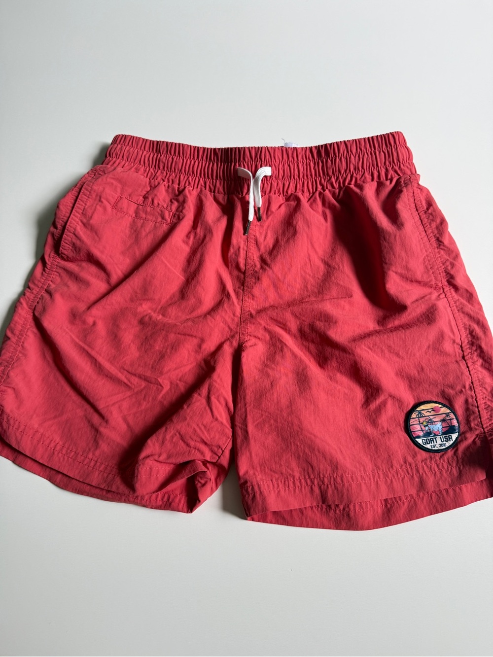 GOAT USA Boys Coral-Red Elastic Waist Swim Shorts with Patch/ Size Youth XL